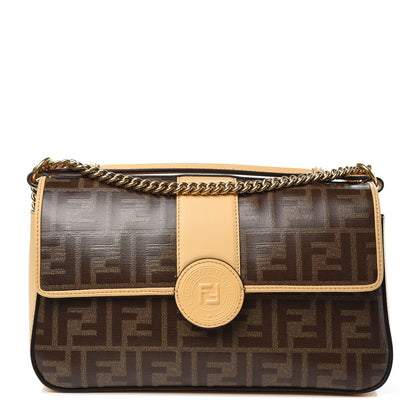 Fendi Vitello Grace Glazed Fabric FF 1974 Double F Shoulder Bag Alchemy Mogano Panna 1 of 10