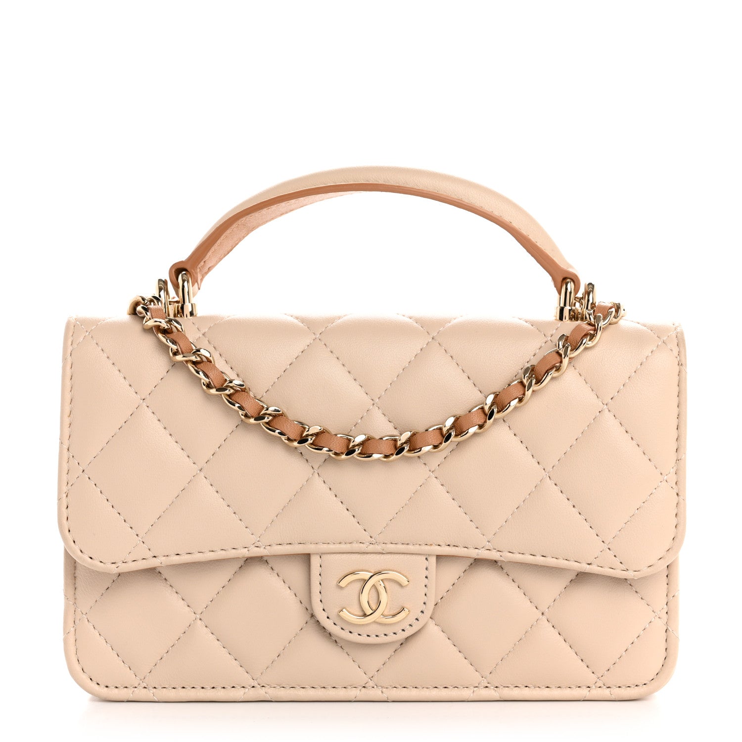 Chanel Lambskin Quilted Flap Phone Holder With Chain Ecru Dark Beige 1 of 13