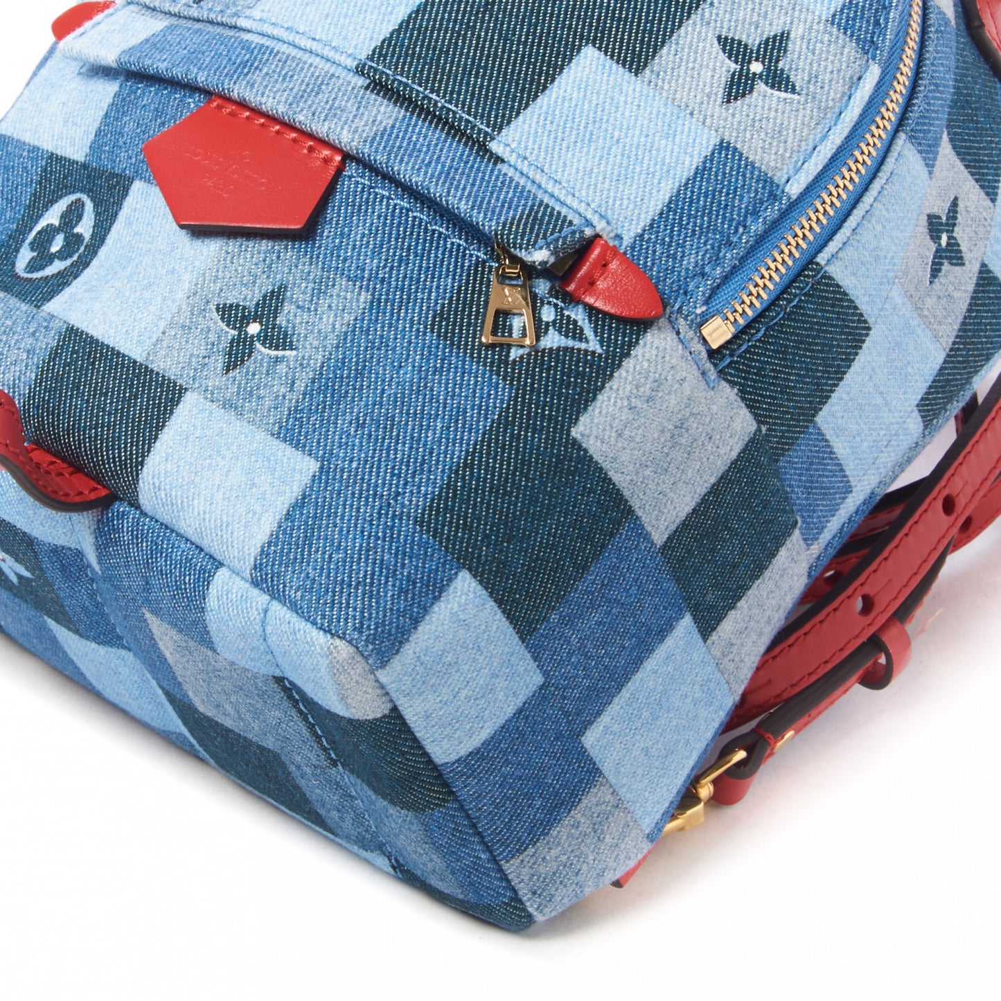 Denim Damier Monogram Patchwork Palm Springs Backpack Mini Blue Rouge