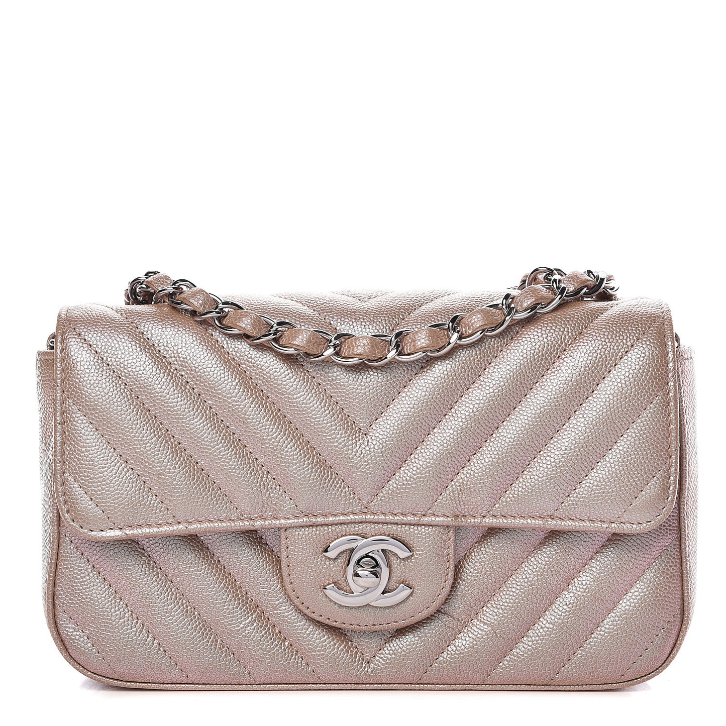 Iridescent Caviar Chevron Quilted Mini Rectangular Flap Light Gold