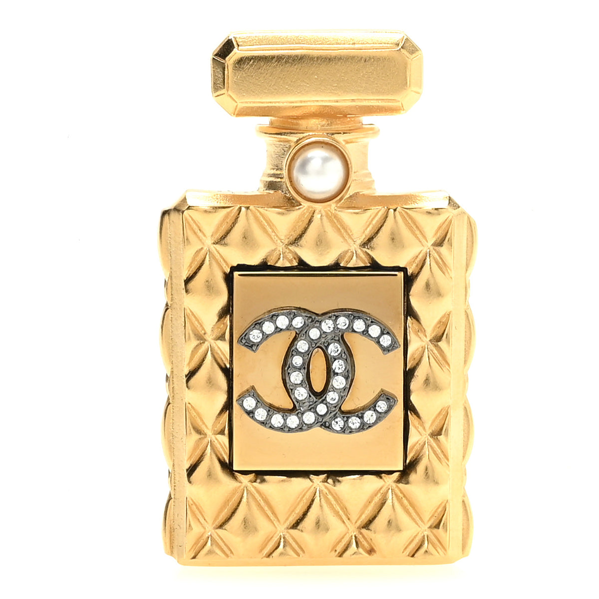 Chanel Enamel Pearl Quilted Perfume Bottle CC Brooch Gold 1 of 4