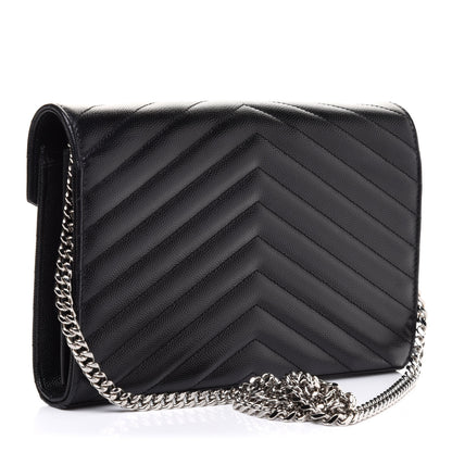 Saint Laurent Grain De Poudre Matelasse Chevron Monogram Chain Wallet Black 3 of 12