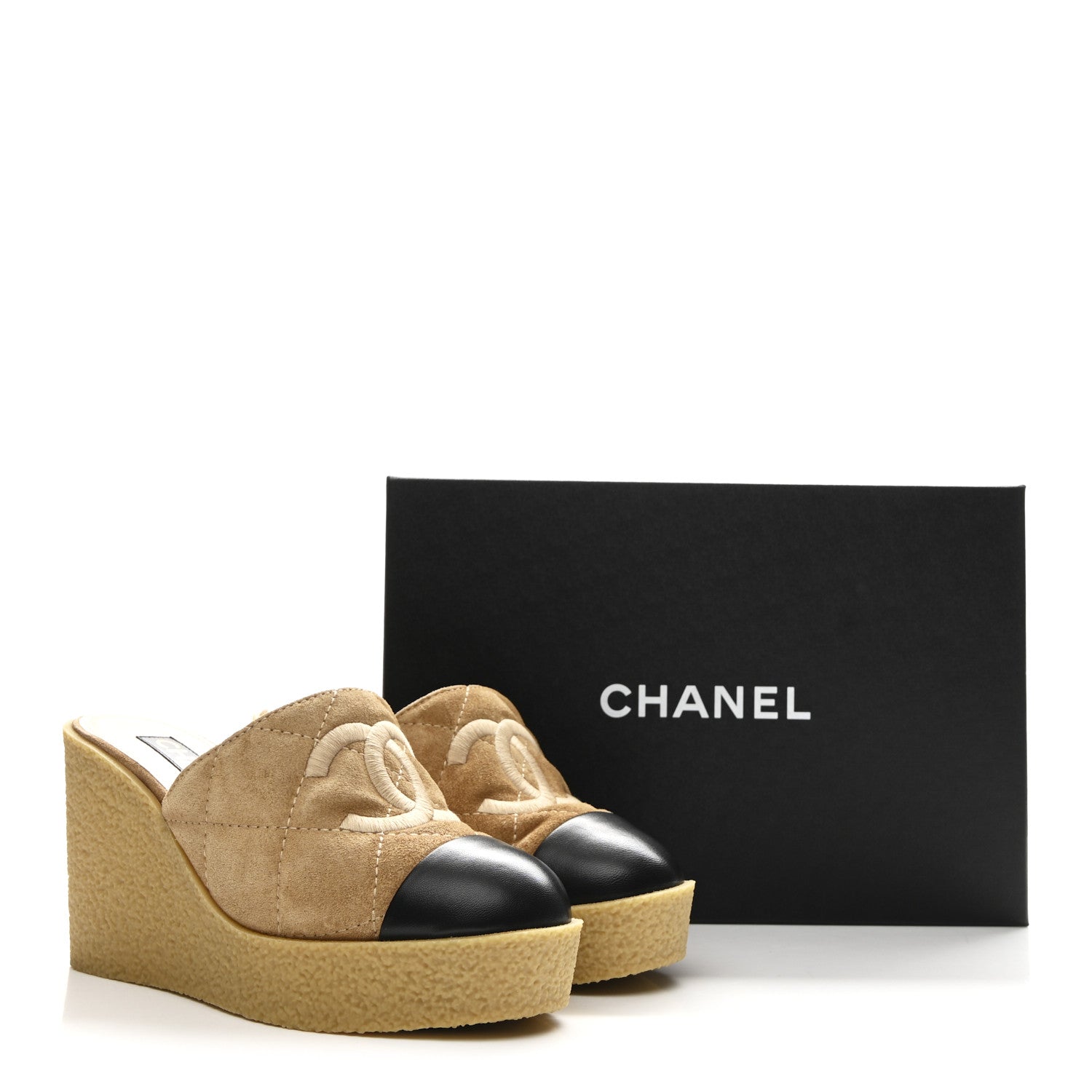 Chanel Suede Calfskin Lambskin Quilted CC Mules 37 Beige Black 11 of 11