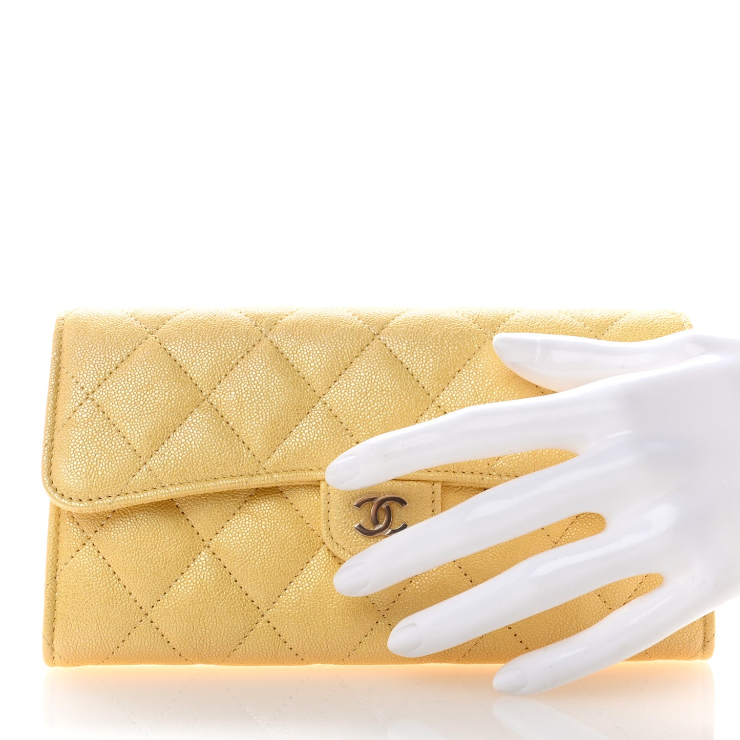 Iridescent Caviar Quilted Long Gusset Flap Wallet Yellow