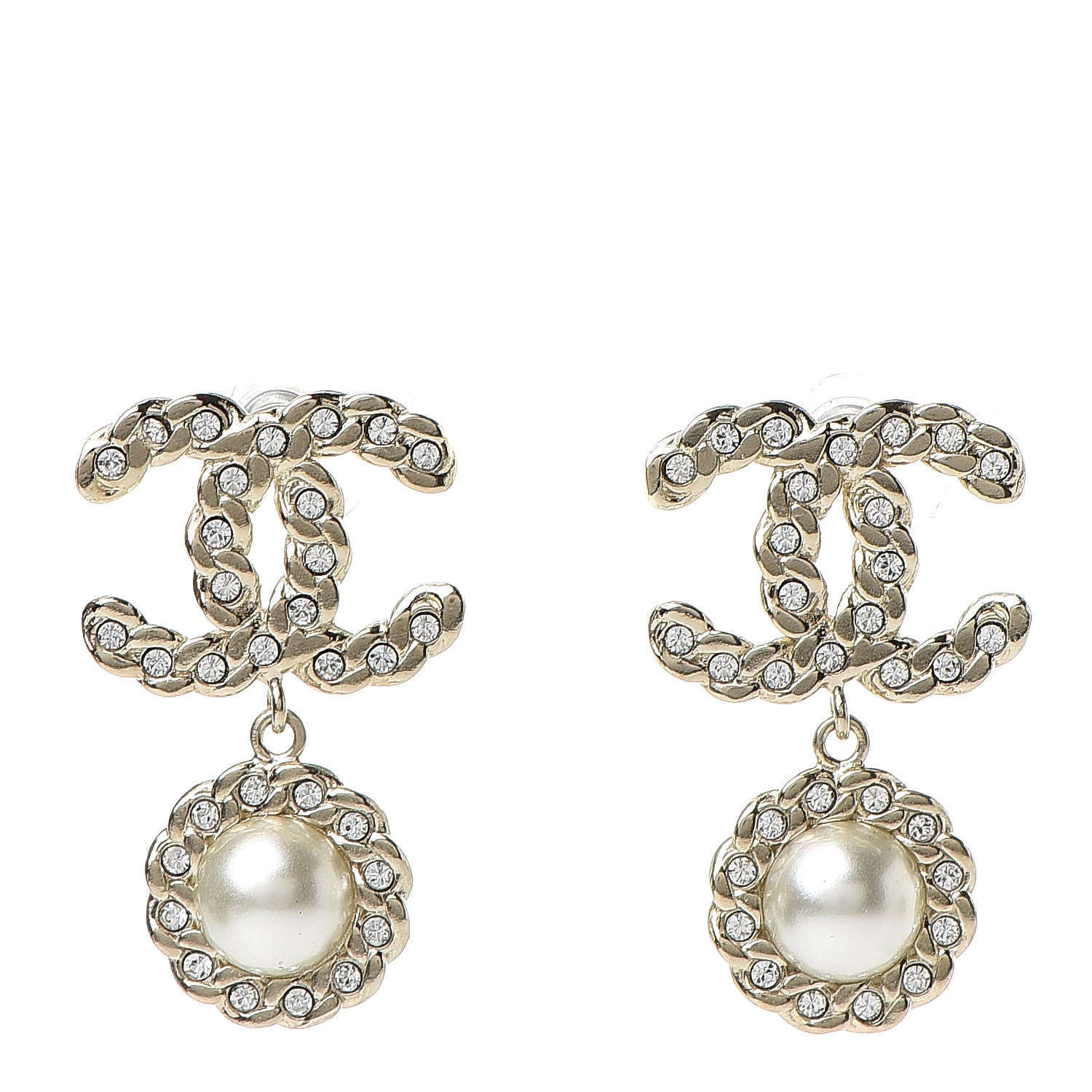 Chanel Crystal Pearl Pearls Coronation CC Drop Earrings Gold 1 of 5