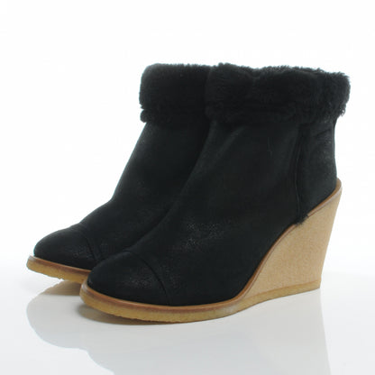 Chanel Suede Fleece Peau Lainee Wedge Booties 40 Black 3 of 6