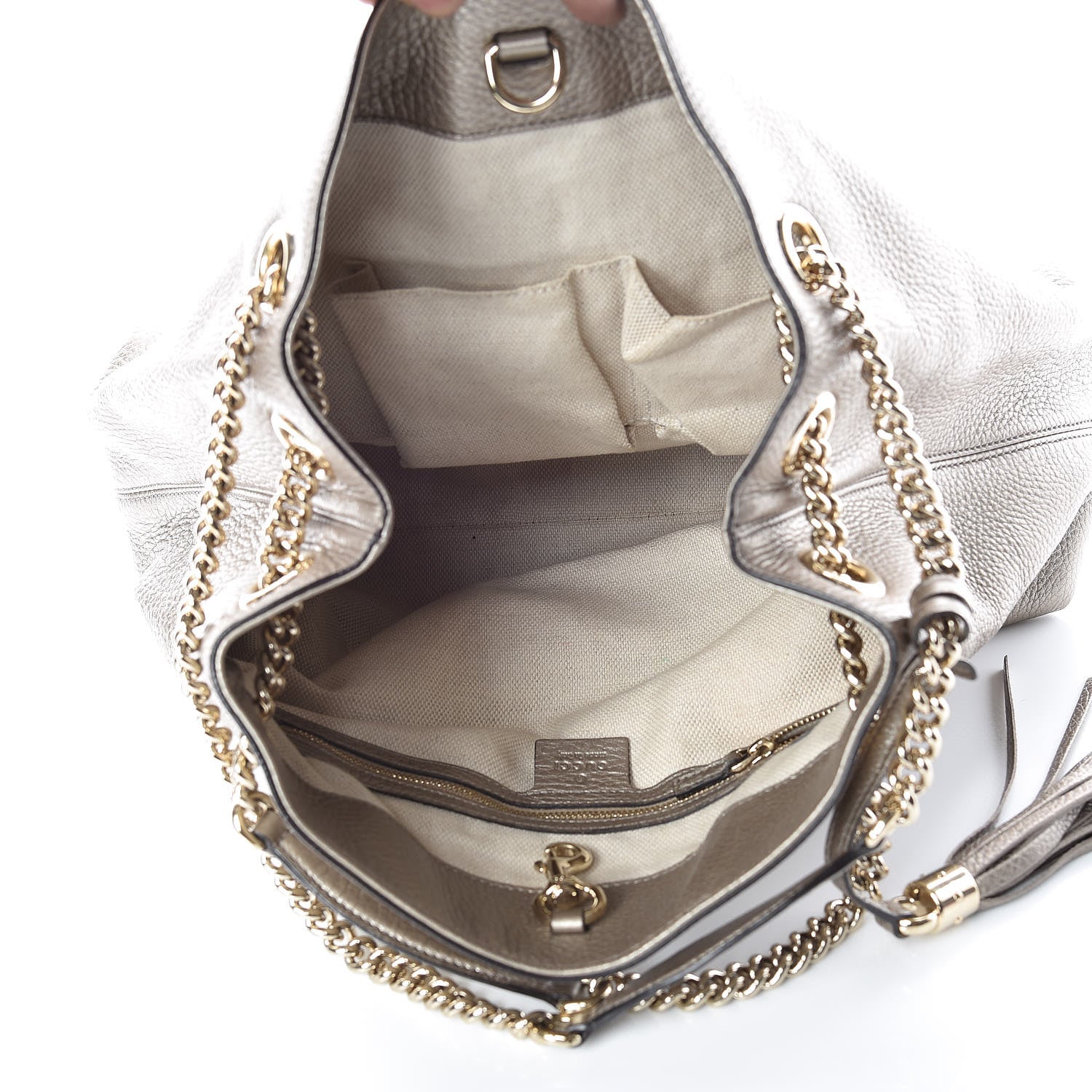 Gucci Metallic Pebbled Calfskin Medium Soho Chain Shoulder Bag Golden Beige 7 of 13