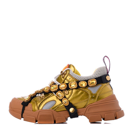 Gucci X SEGA Metallic Calfskin Mesh Removable Crystals Womens Flashtrek Sneakers 39 Oro Vecchio Mystic White Silver 1 of 19