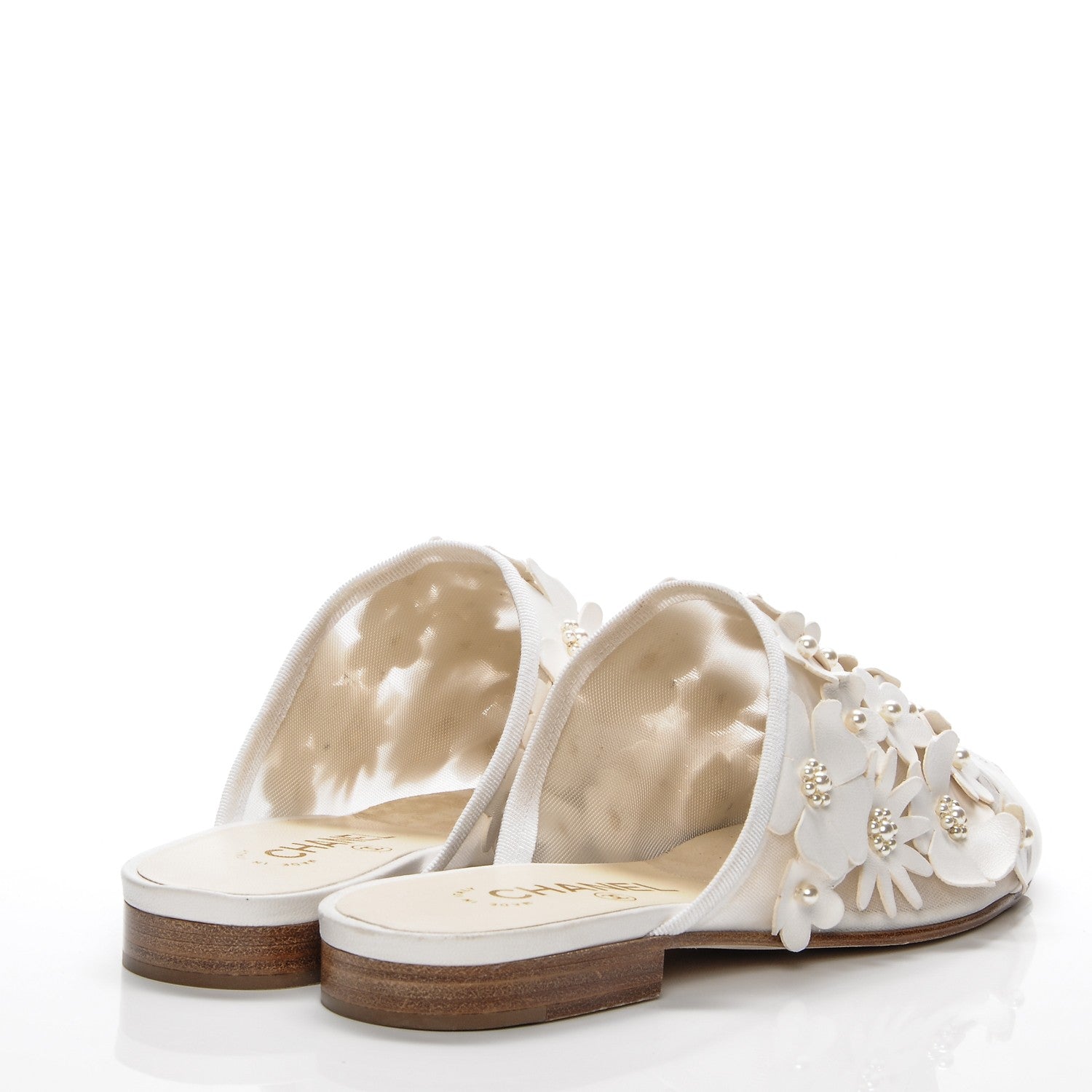 Chanel Lambskin Mesh Flower Pearl CC Mules 37.5 White 4 of 7