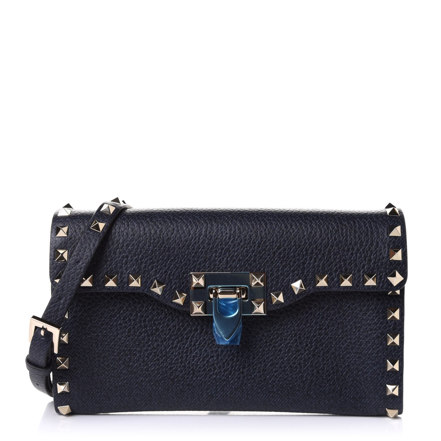 Pebbled Calfskin Medium Rockstud Flip Lock Crossbody Bag Deep Denim
