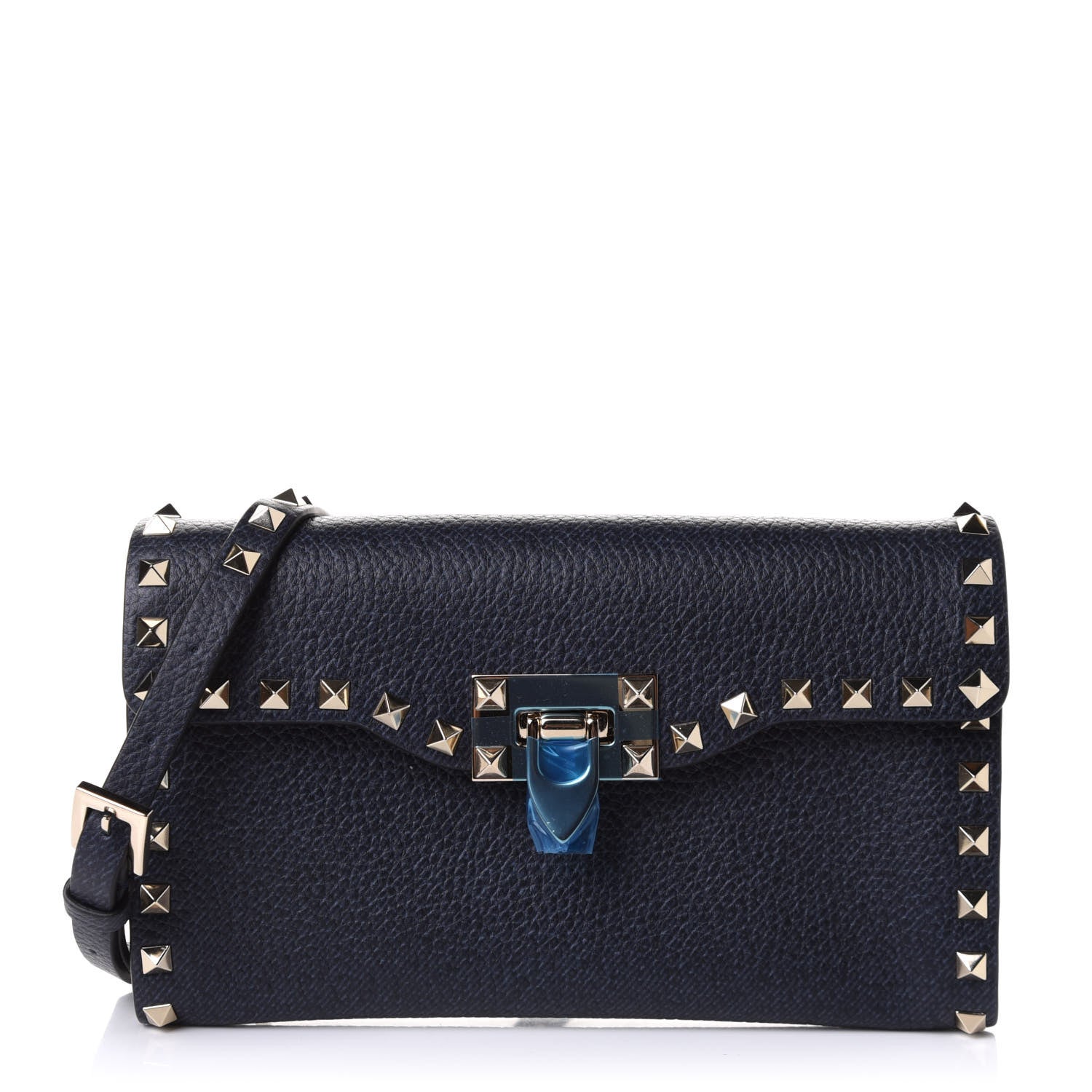 Valentino Garavani Pebbled Calfskin Medium Rockstud Flip Lock Crossbody Bag Deep Denim 1 of 8