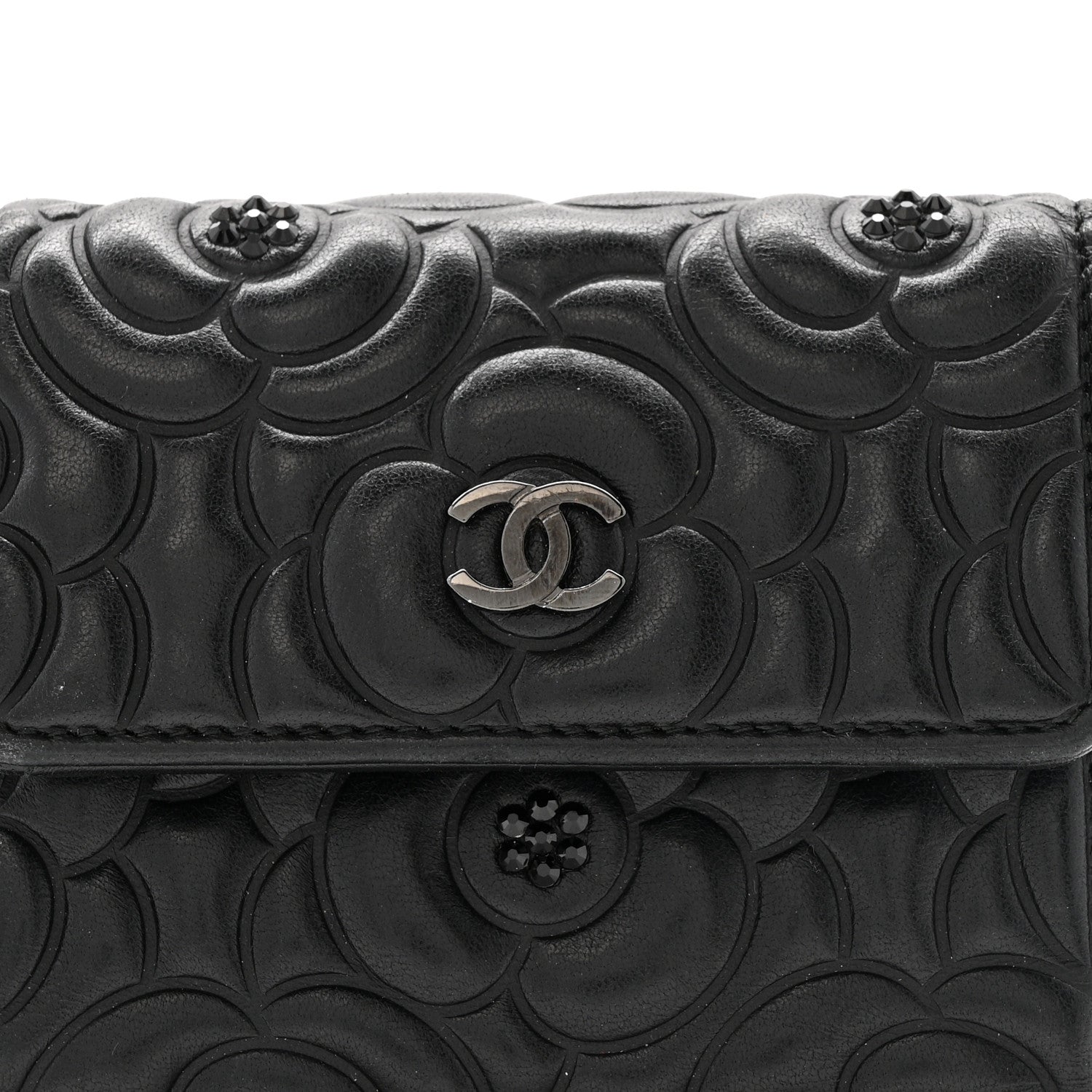 Chanel Lambskin Crystal Camellia Embossed Small Double Wallet Black 1 of 9