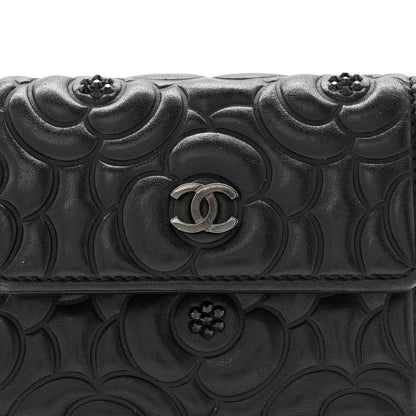 Chanel Lambskin Crystal Camellia Embossed Small Double Wallet Black 1 of 9