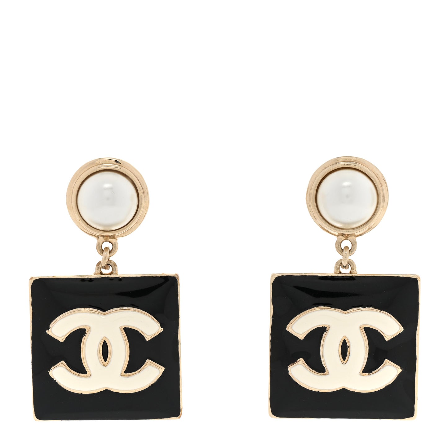 Metal Enamel Pearl Square CC Drop Earrings Gold Black White