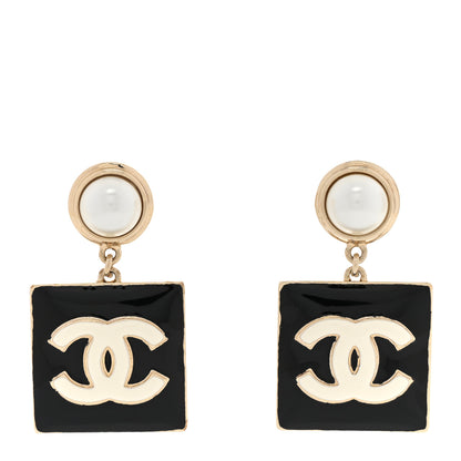 Chanel Metal Enamel Pearl Square CC Drop Earrings Gold Black White 1 of 6