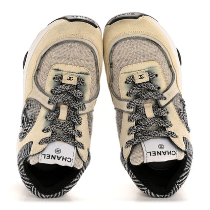 Chanel Fabric Suede Calfskin Womens CC Sneakers 37.5 Ivory Light Gray White 2 of 9