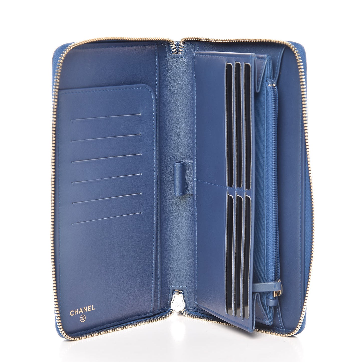 Iridescent Caviar Quilted Large Zip Around Organizer Wallet Blue