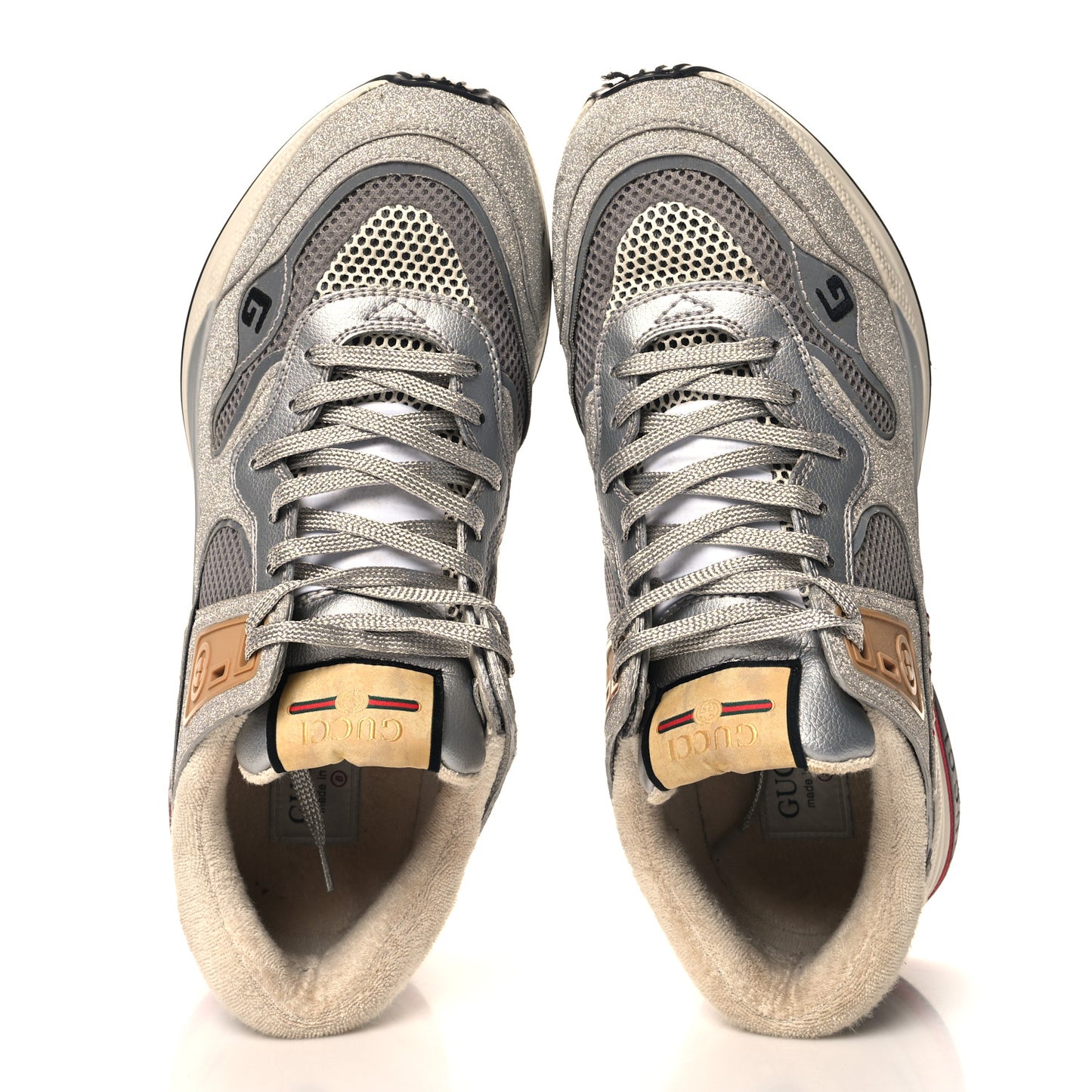 Metallic Calfskin Glitter Mesh Mens Ultrapace Sneakers 8 Silver Light Grey Mystic White