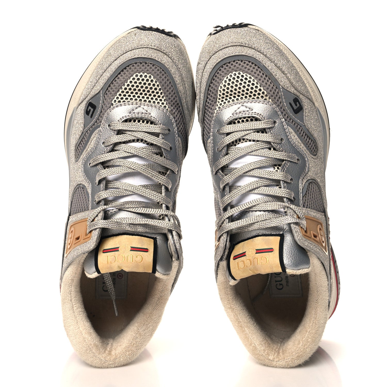 Gucci Metallic Calfskin Glitter Mesh Mens Ultrapace Sneakers 8 Silver Light Grey Mystic White 2 of 9
