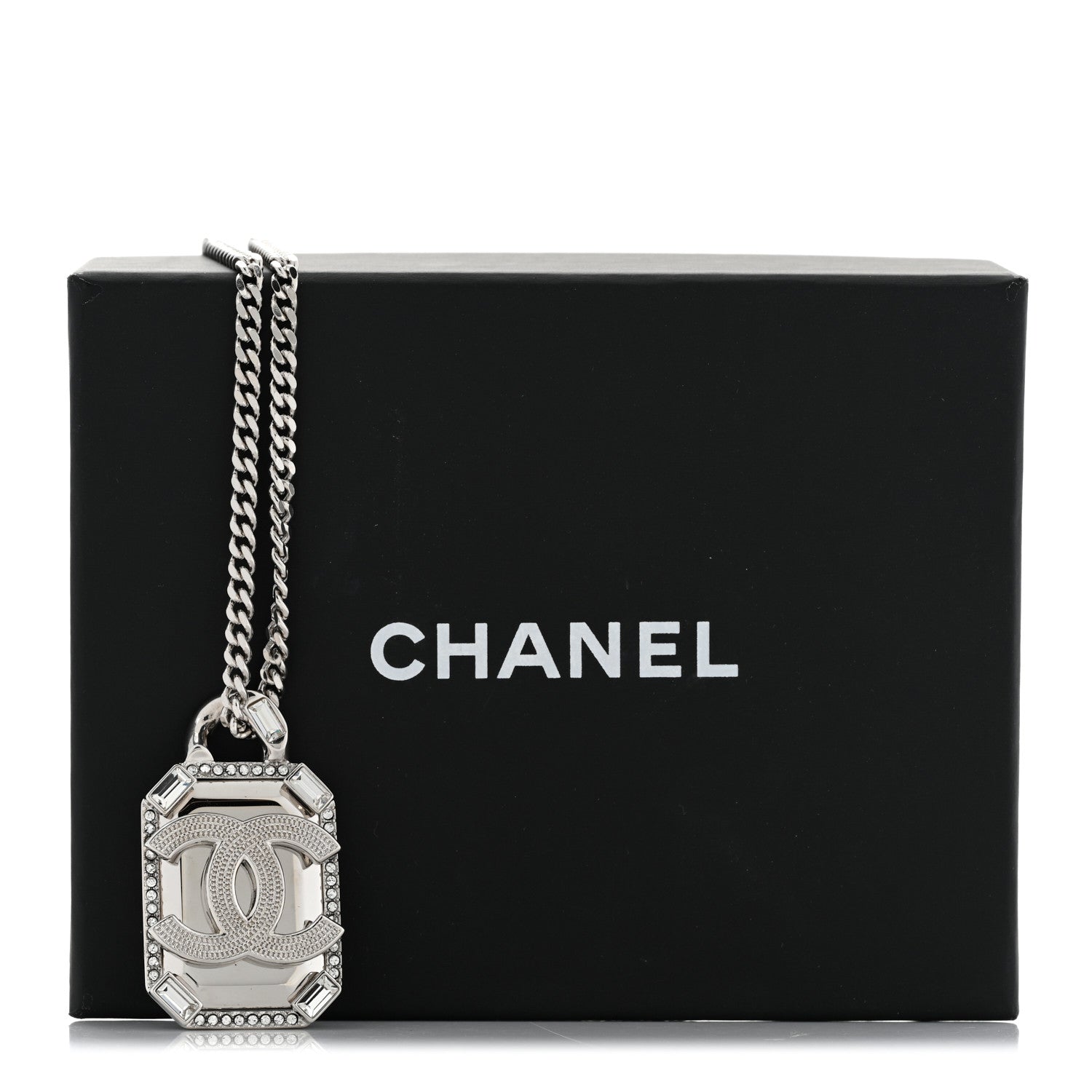 Chanel Crystal Baguette CC Mirror Pendant Necklace Silver 7 of 7