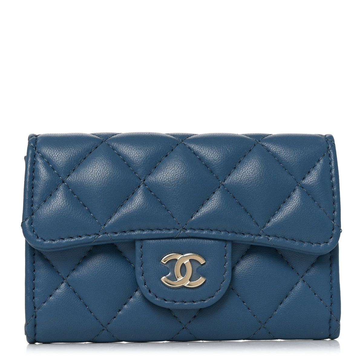 Lambskin Quilted Flap Card Holder Wallet Dark Blue
