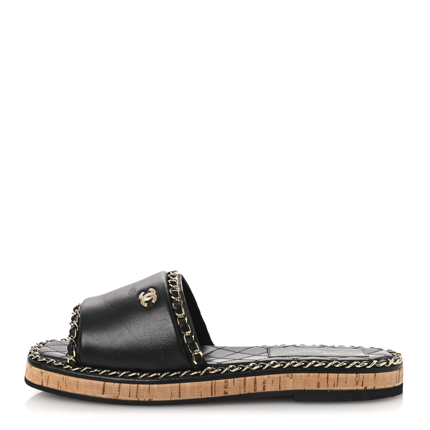 Lambskin Chain Cork Slide Sandals 38 Black