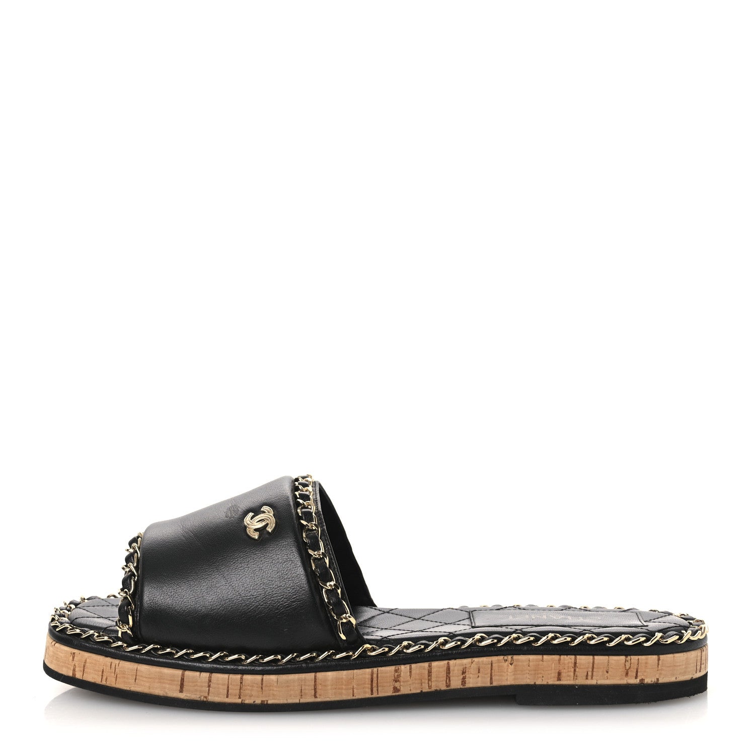 Chanel Lambskin Chain Cork Slide Sandals 38 Black 1 of 11