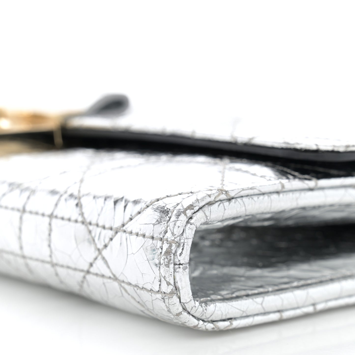 Metallic Crinkled Cannage Miss Dior Chain Wallet Silver
