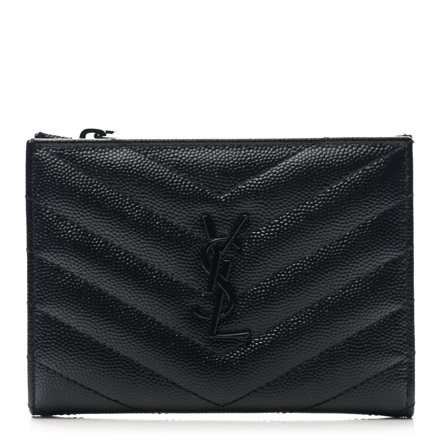 Saint Laurent Grain De Poudre Matelasse Chevron Monogram Zipped Two-Part Wallet Black 1 of 7