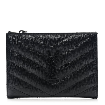 Saint Laurent Grain De Poudre Matelasse Chevron Monogram Zipped Two-Part Wallet Black 1 of 7