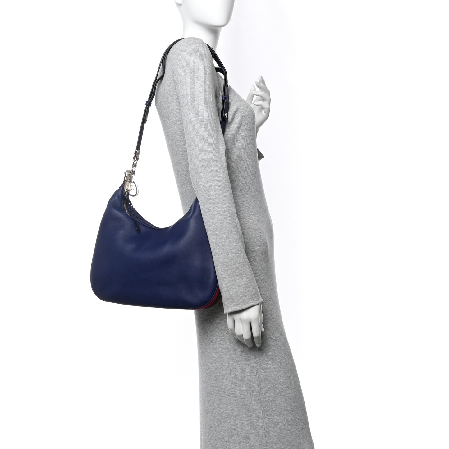 Aria Calfskin Web Large Attache Shoulder Bag Navy