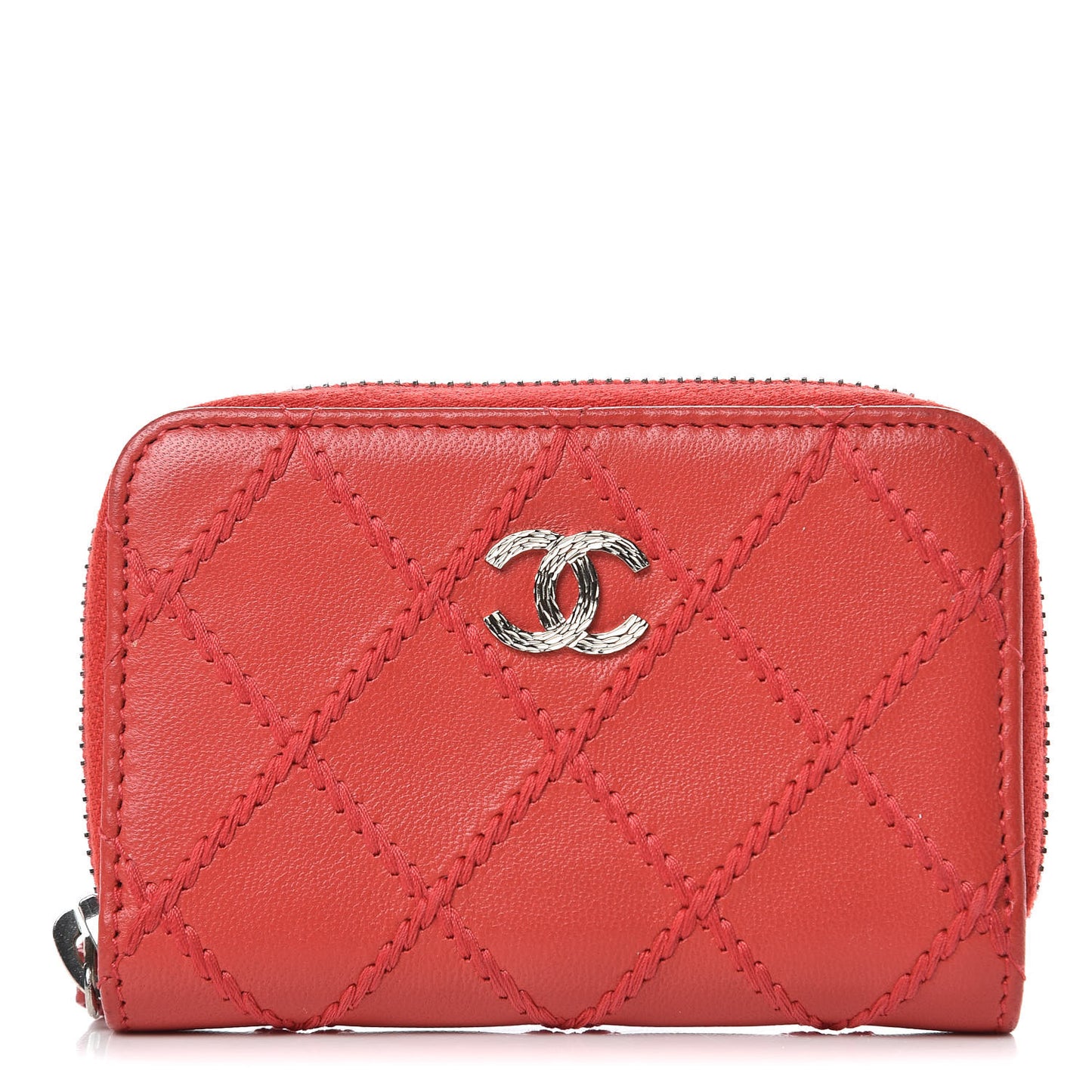 Lambskin Double Stitch Zip Coin Purse Coral Pink