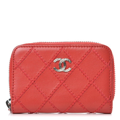 Chanel Lambskin Double Stitch Zip Coin Purse Coral Pink 1 of 11