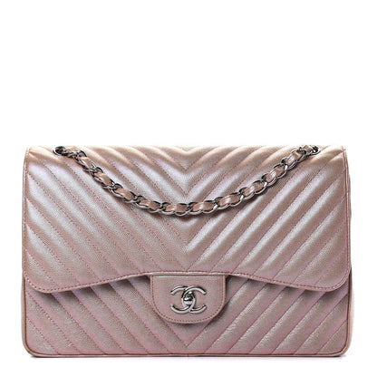 Chanel Metallic Caviar Chevron Quilted Jumbo Double Flap Light Gold 1 of 11