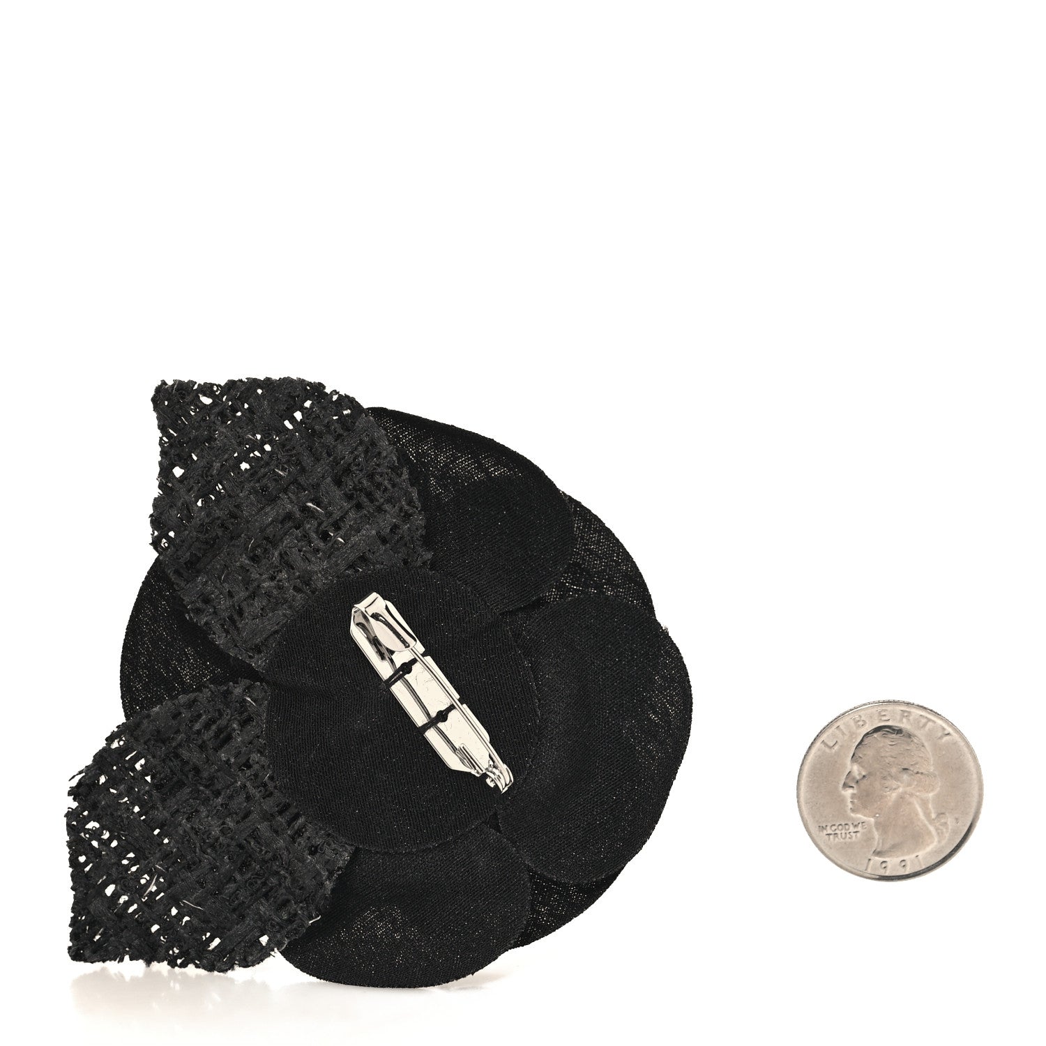 Chanel Tweed Fabric Camellia Pin Brooch Black 2 of 3