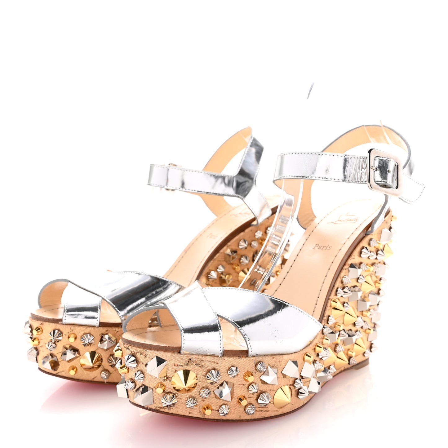 Calfskin Lame Cork Almericca 120 Studded Wedge Sandals 40 Silver