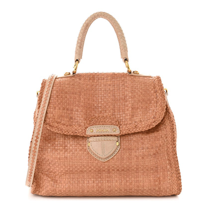 Prada Madras Woven Top Handle Satchel Beige 1 of 12