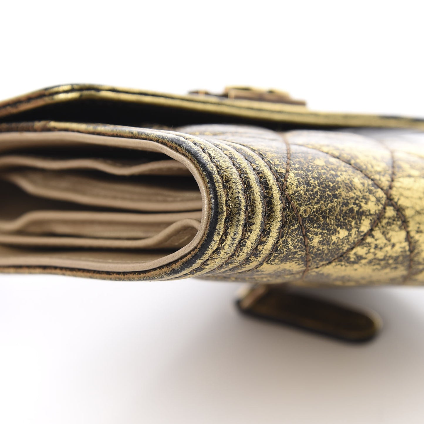 Cracked Metallic Calfskin Quilted Compact Boy Wallet Gold
