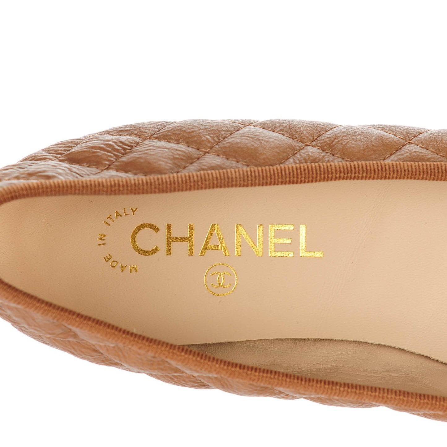 Aged Calfskin Quilted CC Cap Toe Ballerina Flats 42 Light Brown