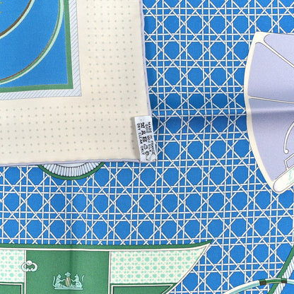 Hermes Silk Les Voitures A Transformation Scarf 90 Bleu Cobalt Ivoire Vert 3 of 3