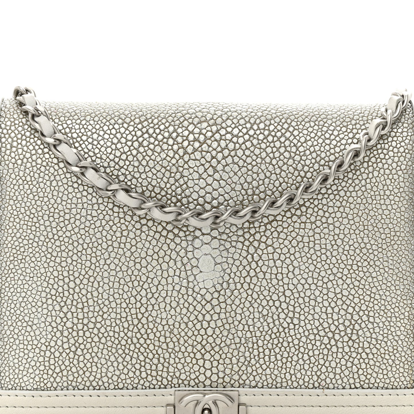 Metallic Galuchat Stingray Lambskin Boy Wallet On Chain WOC Silver