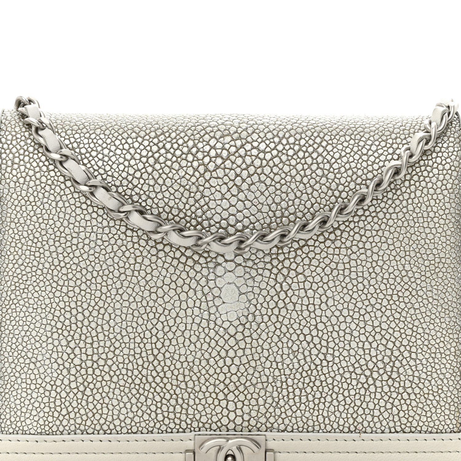 Chanel Metallic Galuchat Stingray Lambskin Boy Wallet On Chain WOC Silver 8 of 15