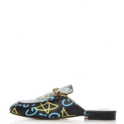 Gucci Calfskin GucciGhost Print Womens Princetown Slippers 37 Black New Acquamarine 1 of 9
