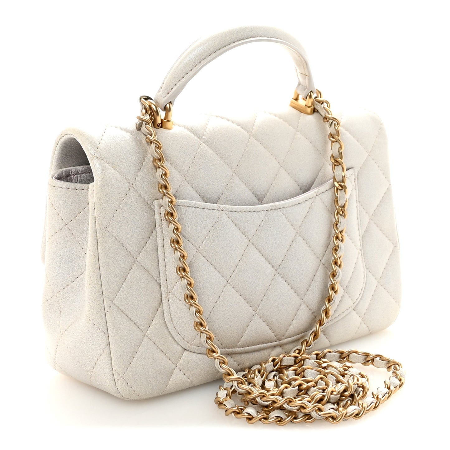 Iridescent Lambskin Quilted Mini Top Handle Rectangular Flap White