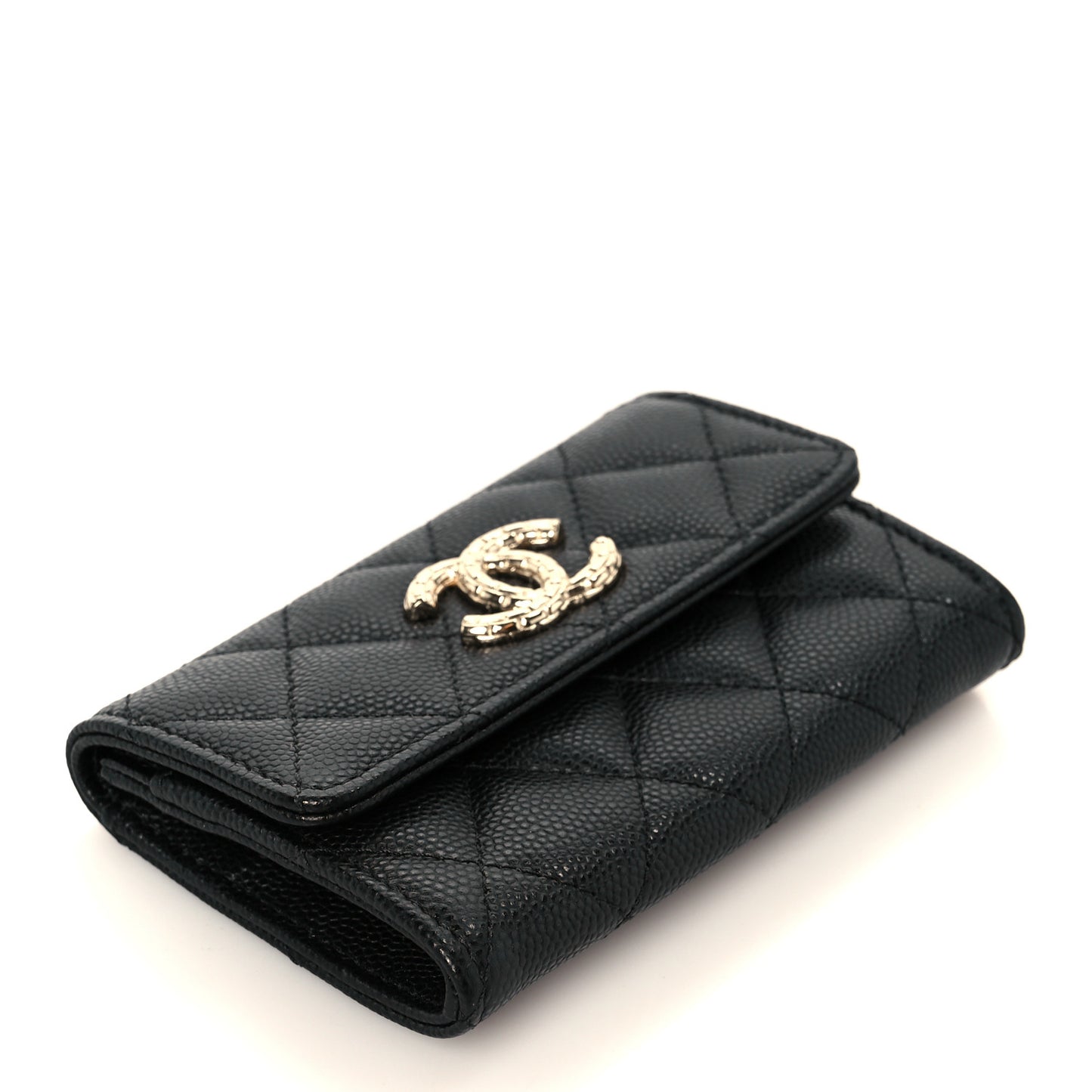 Caviar Quilted Chain CC Quilted Compact Flap Card Holder Black