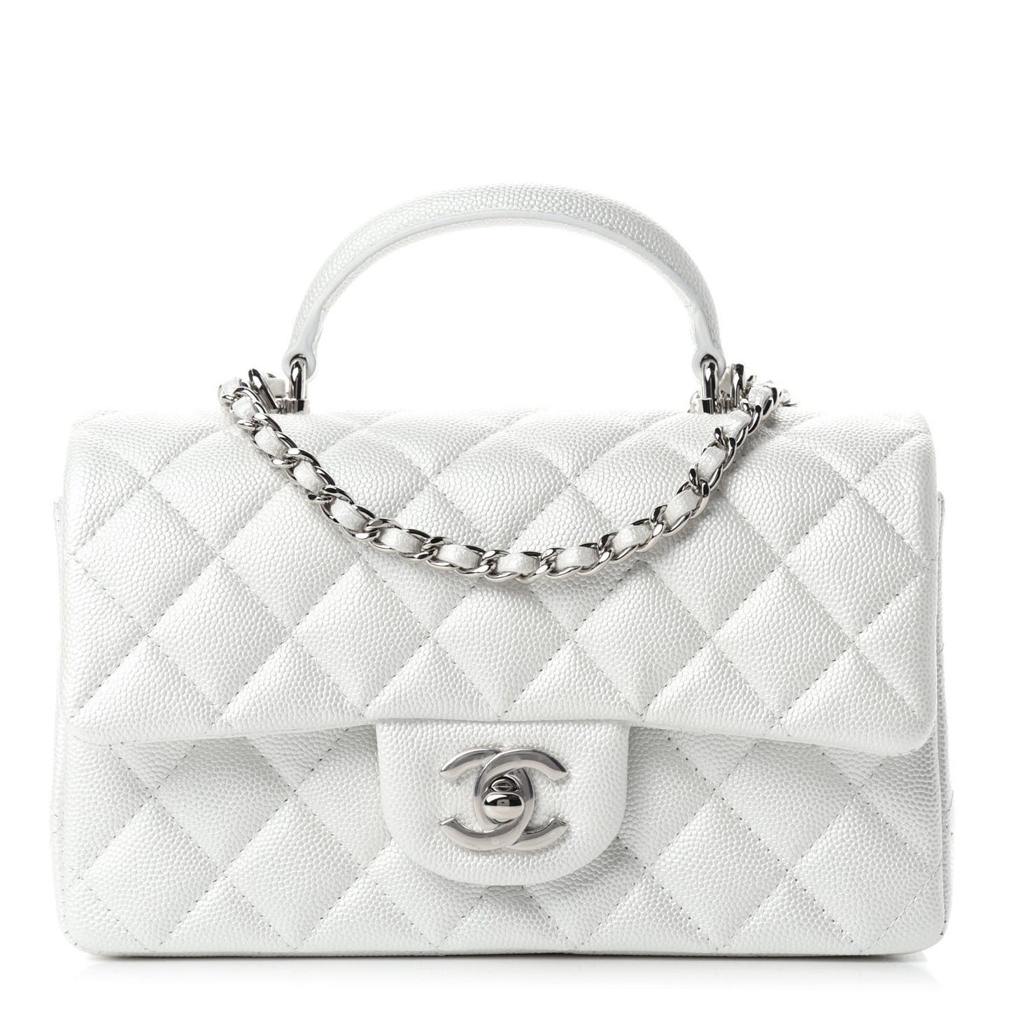 Iridescent Caviar Quilted Mini Top Handle Rectangular Flap White