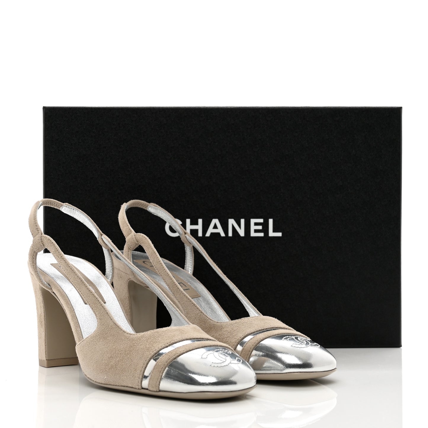 Kid Suede Metallic Lambskin Cap Toe CC Slingback Pumps 37 Black Silver