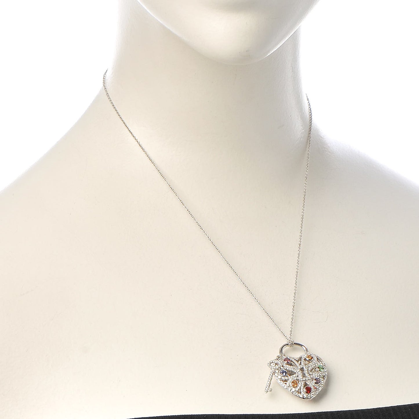 18K White Gold Diamond Multistone Filigree Heart Pendant Necklace