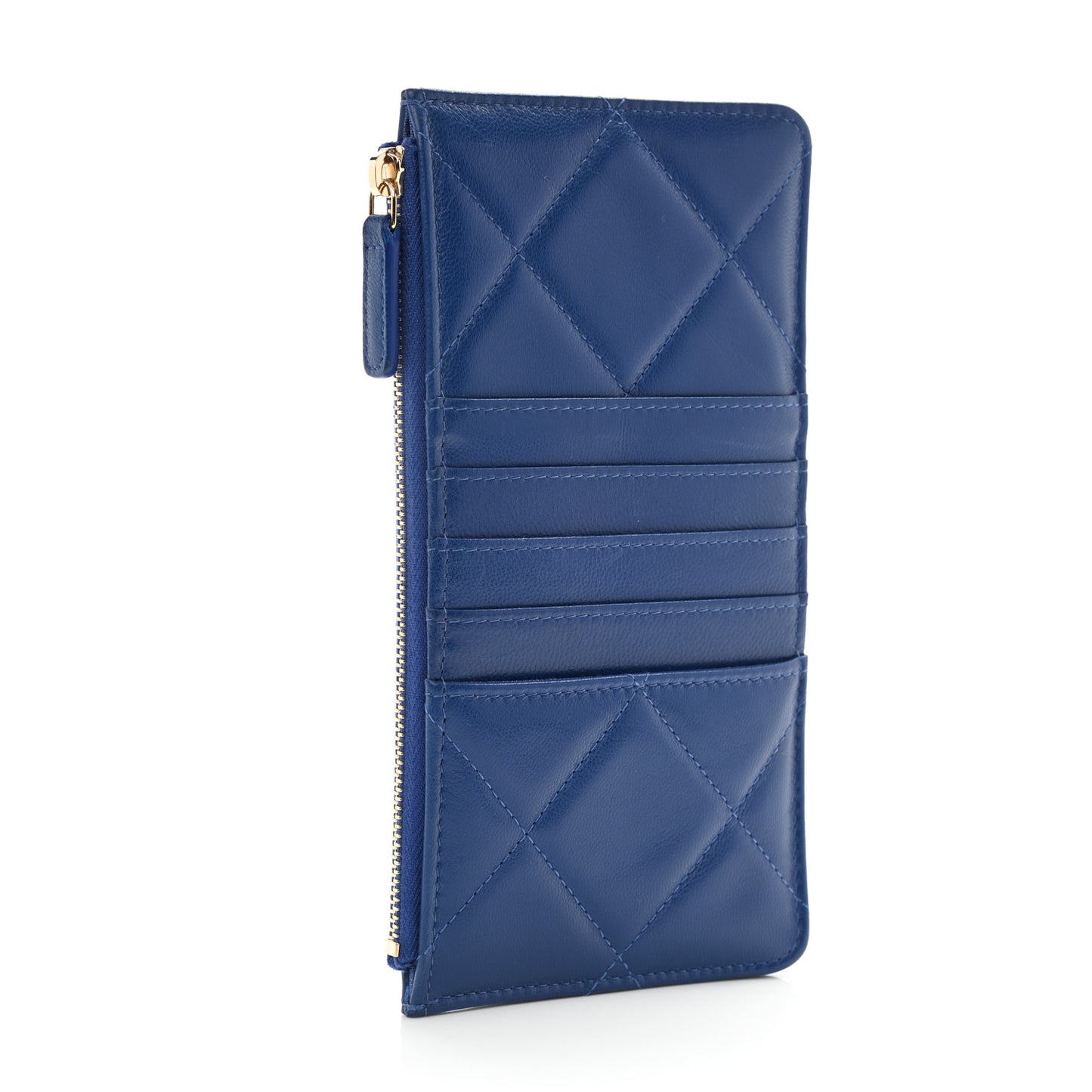Shiny Goatskin Quilted Chanel 19 Flat Wallet Pouch Blue