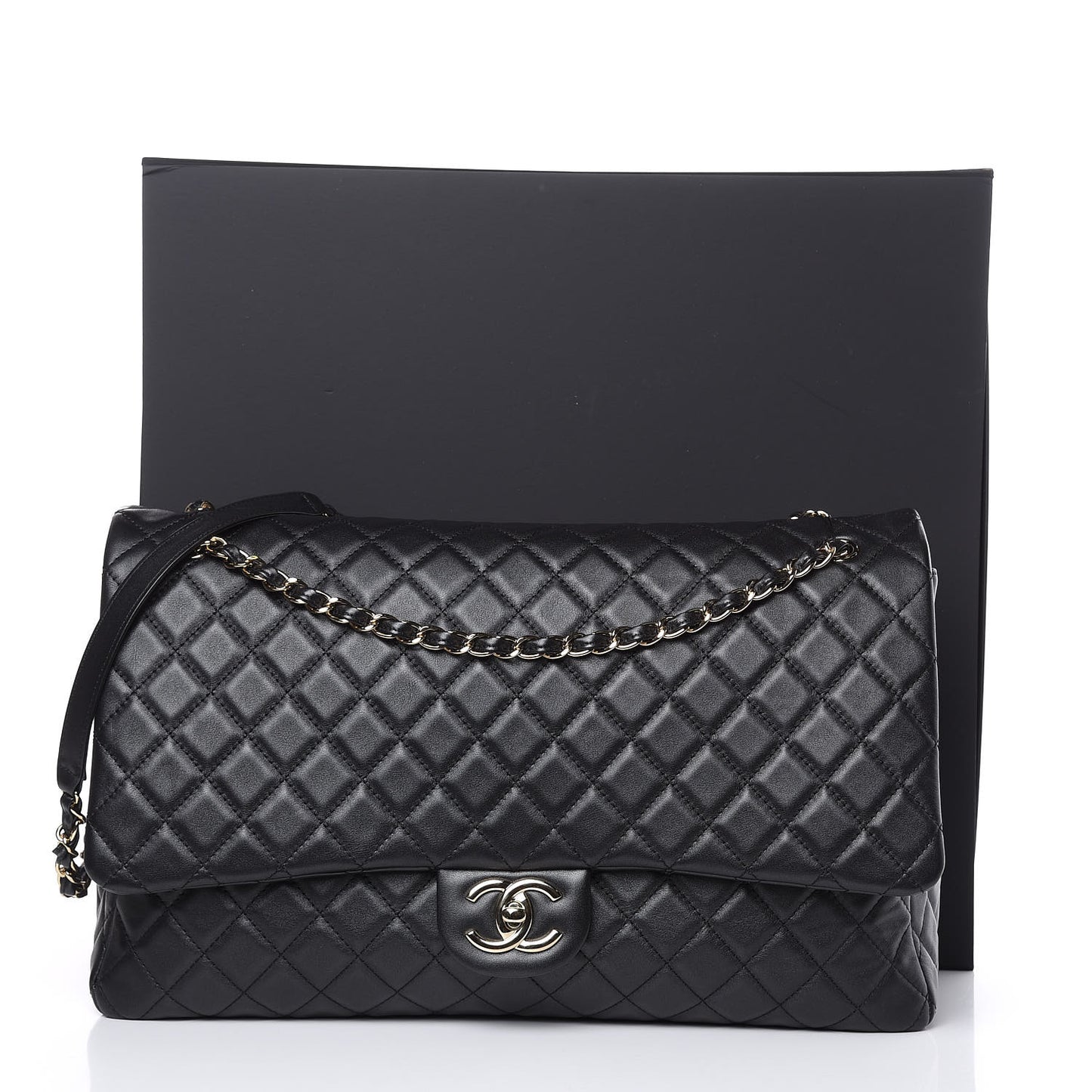 Calfskin Quilted XXL Travel Flap Bag Black